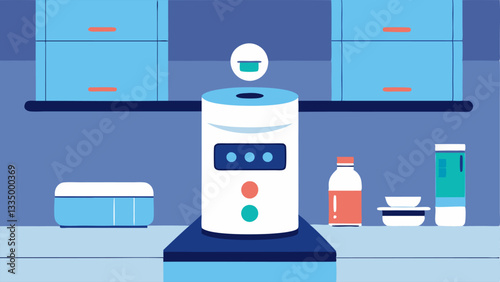 Smart Pill Dispenser A kitchen counter scene featuring a smart pill dispenser organizing medication with an alert indicator showing its time to take the next dose.