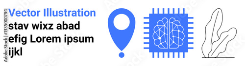 Blue geolocation pointer, circuit chip with neural connections, plant outline. Ideal for technology, AI, innovation, navigation, organic growth, creativity simple landing page