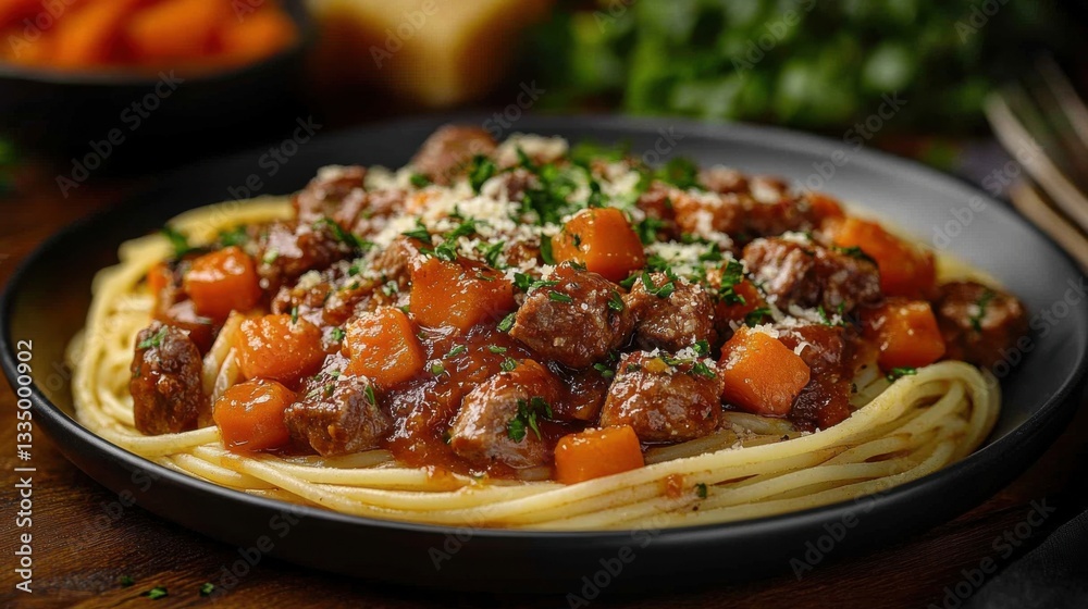 Pasta with Meat Sauce Garnished with Herbs, Culinary Delight. Pasta with Meat Sauce Garnished with Herbs, Culinary Delight.