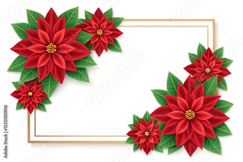 Poinsettia Christmas Floral Corner Frame  in white background decoration festive red green leaves border elegant
