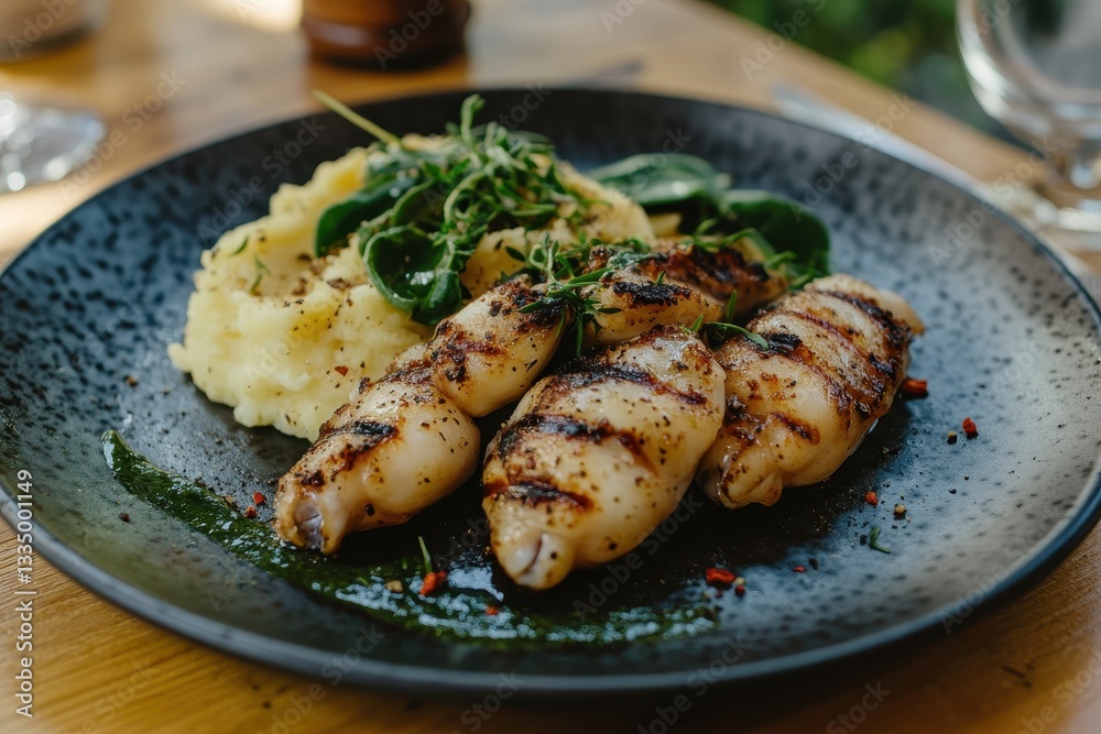 Baby squid with mashed potatoes and spinach served in a classic seafood eatery in Montenegro Grilled calamari on the table Baby squid with mashed potatoes and spinach served in a classic seafood eatery in Montenegro Grilled calamari on the table