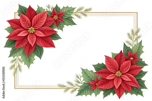 Poinsettia Christmas Floral Corner Frame  in white background decoration festive red green leaves border elegant