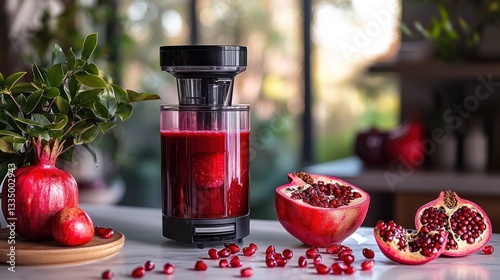 Pomegranate juice extractor, kitchen, healthy drink, background of modern home