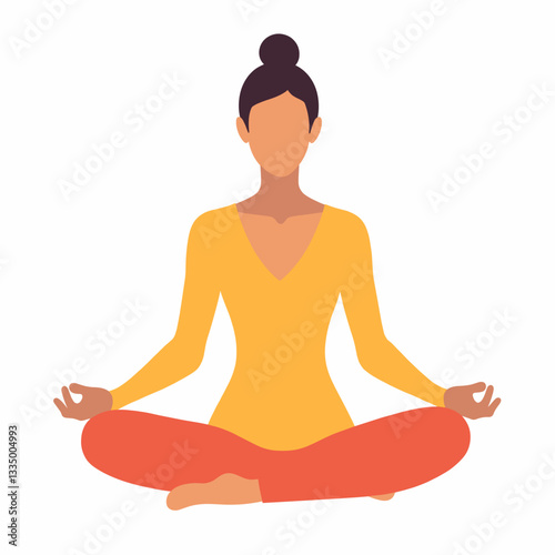 Woman meditating in yoga pose with flat colors, inner peace
