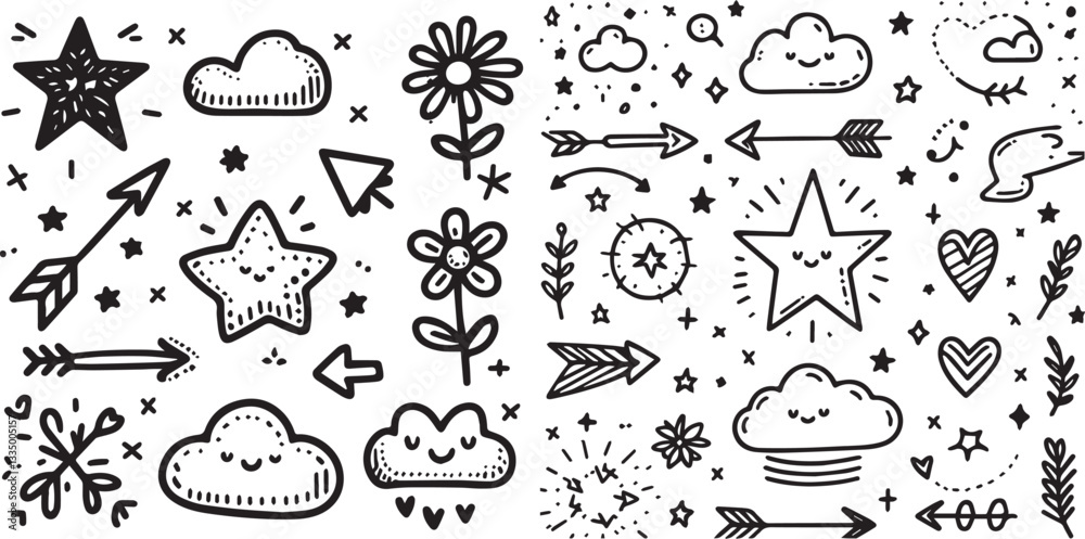 Obraz premium Cute line sketch star, arrow, cloud decoration element icon set. Hand drawn sketch doodle cute star, heart, flower element. Line text decoration scribble shape icon. Hand drawn Vector illustration