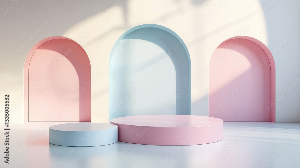 Modern Minimalist Display with Soft Pastel Arches and Circles Modern Minimalist Display with Soft Pastel Arches and Circles