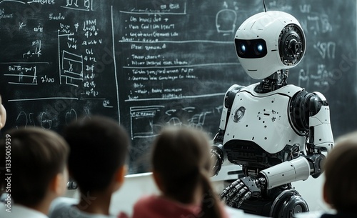 A robot teacher teaches children in front of a blackboard. Futuristic image in a secondary, elementary, or preschool classroom. Concept of a school of the future of education.