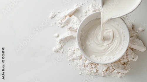 White bowl filled with a creamy white substance, which appears to be a mixture of flour and milk.