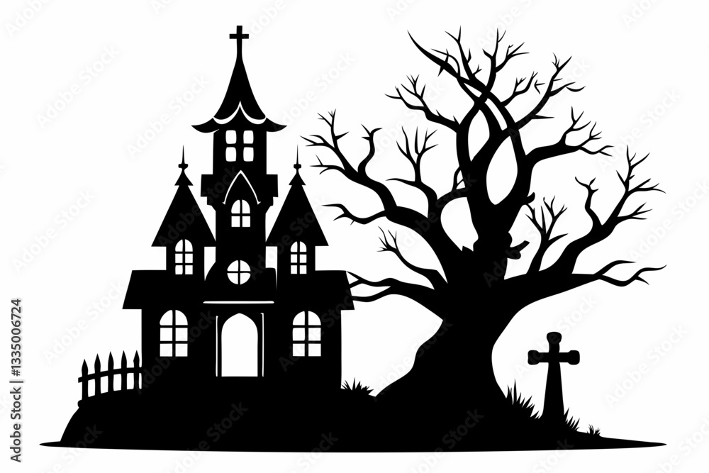 a haunted house with tree and cross icon line art silhouette vector illustration a haunted house with tree and cross icon line art silhouette vector illustration