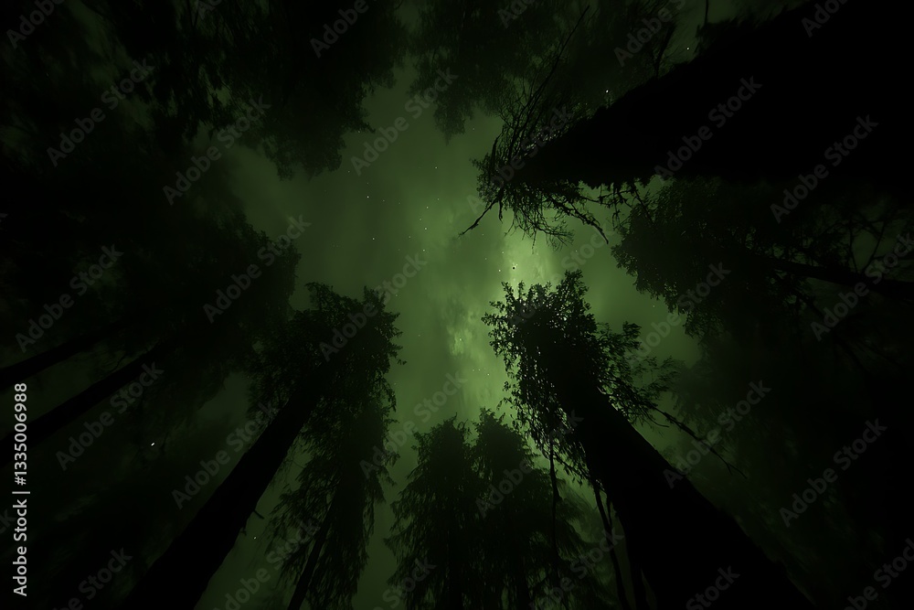 A dark forest scene showing the trees reaching towards the sky A dark forest scene showing the trees reaching towards the sky