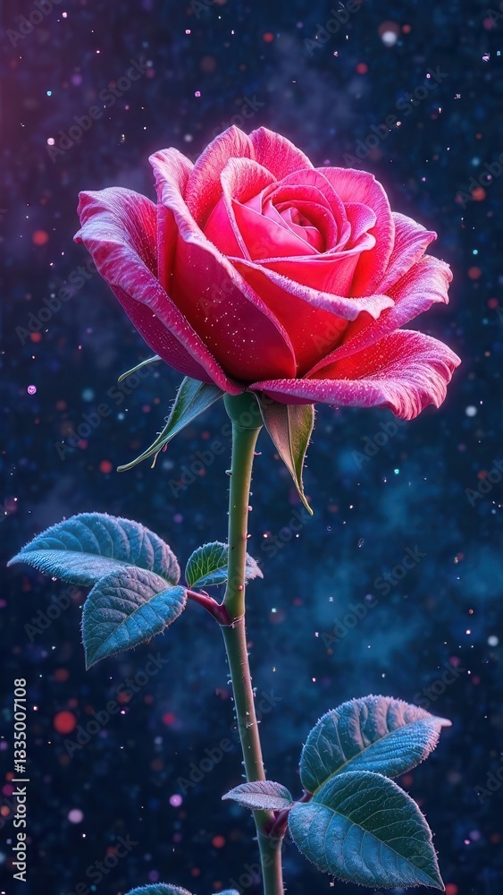 Obraz premium Cosmic rose, petals sparkle with crystal shimmer. Surreal art. Background, screensaver, wallpaper