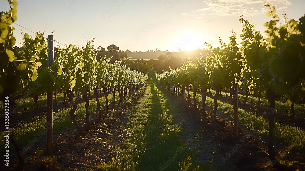 Naklejka premium Sunset over rows of grapevines in a vineyard.