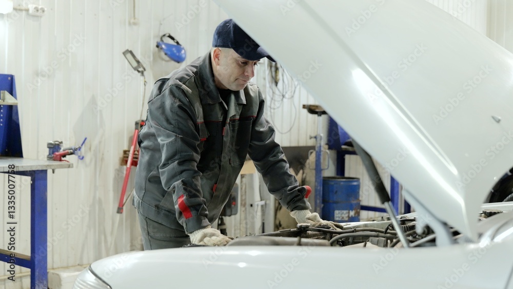 Skilled mechanic examining white car engine, wearing protective gloves inside modern automotive workshop with professional tools and equipment Skilled mechanic examining white car engine, wearing protective gloves inside modern automotive workshop with professional tools and equipment