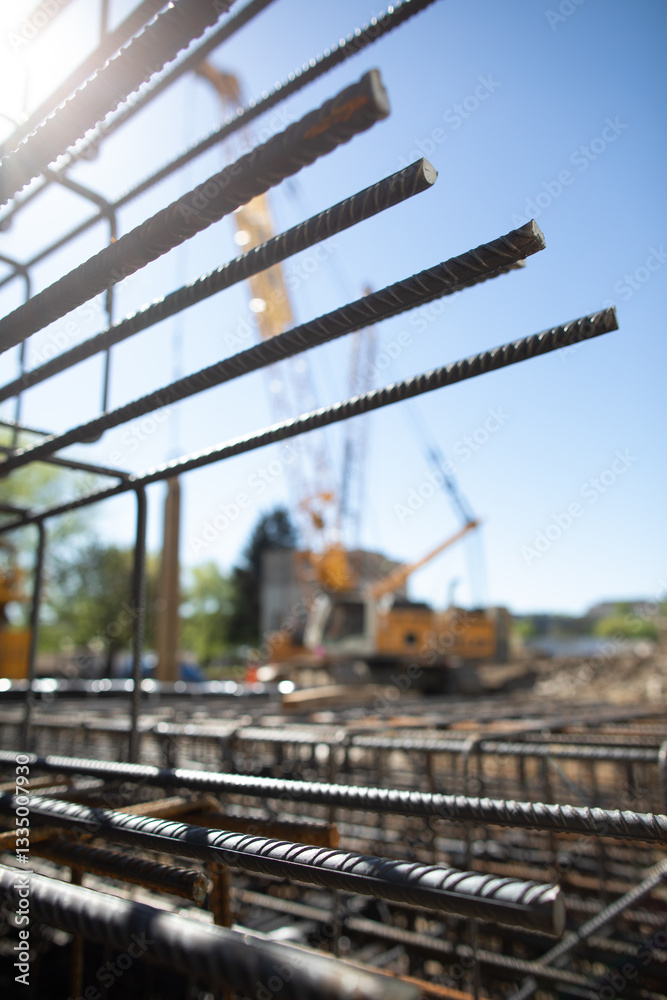 Fototapeta premium A Construction Site Featuring Reinforcement Bars, Heavy Machinery and Tools in Use