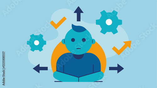 Mindset Shift A character contemplating with gears and arrows around their head representing the mental shift needed to embrace selfacceptance and confidence.