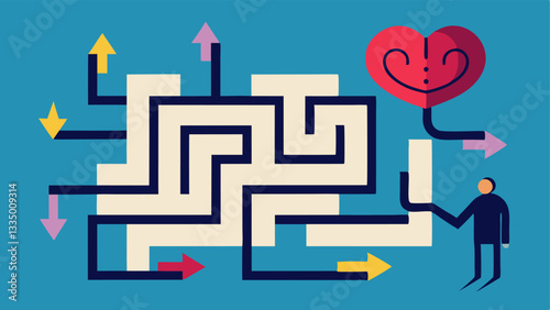 Mind Maze A maze representing a complicated mind filled with negative thoughts depicted as dark arrows. In the center a heart symbolizes positive feelings. An individual stands at