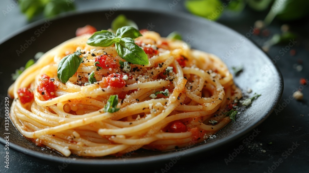Plate of Spaghetti with Basil, Aromatic Food Photography. Plate of Spaghetti with Basil, Aromatic Food Photography.