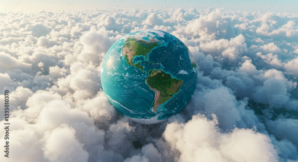 Naklejka premium Precious Planet: A Breathtaking Aerial View - Miniature Earth, nestled in clouds, symbolizes global fragility, environmental preservation, interconnectedness, hope for the future