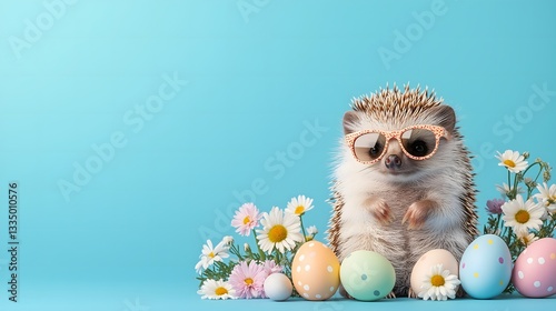 Stylish hedgehog with sunglasses poses among colorful eggs and flowers in a vibrant setting perfect for spring celebrations
