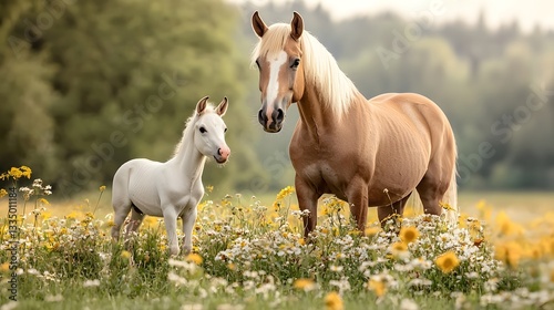 Newborn foal taking its first wobbly steps beside its mother in a lush green pasture showcasing the early growth and development of a young equine in a peaceful pastoral setting