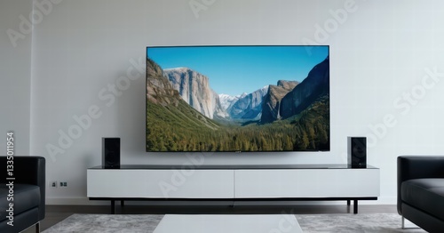 modern living room with screen of tv and modern forniture and light from the windows, stylish internal design for interiors, contemporary touch, flat display for cinema entertaninment