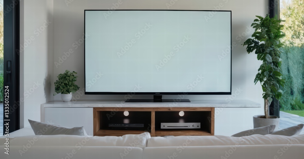 Fototapeta premium modern living room with screen of tv and modern forniture and light from the windows, stylish internal design for interiors, contemporary touch, flat display for cinema entertaninment