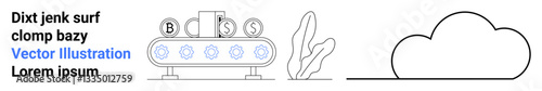Conveyor belt processing coins marked with B, S, and P, adjacent plant decor and cloud outline. Ideal for automation, technology, investment, manufacturing, data fintech simple landing page