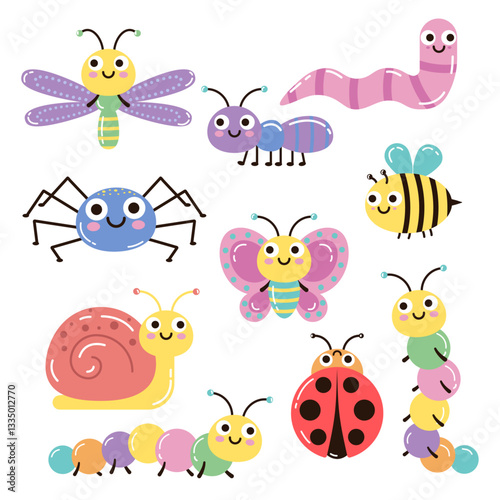 Vector set of cute, colorful insects