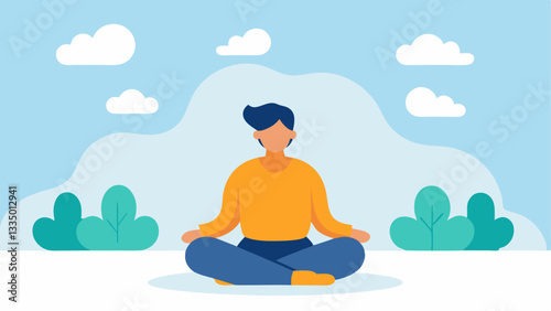 Mindfulness Meditation A person sitting crosslegged in a peaceful outdoor setting with a calm expression surrounded by gentle waves or clouds emphasizing the practice of