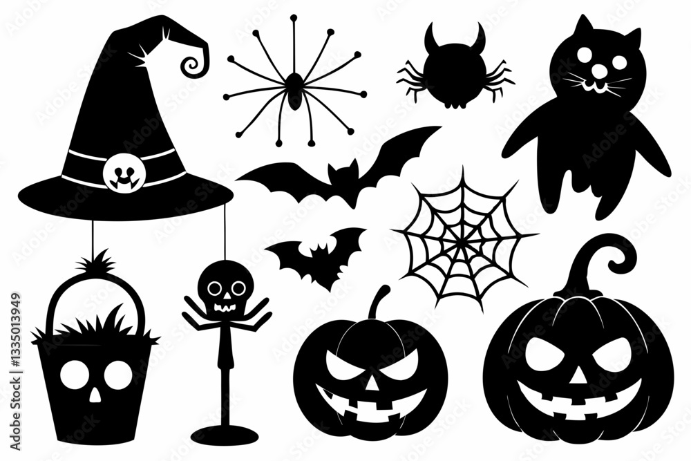 set of objects silhouettes for halloween elements line art silhouette vector illustration