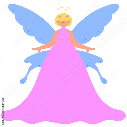 angel with butterfly like wings, ethereal and celestial being flat vector illustration
