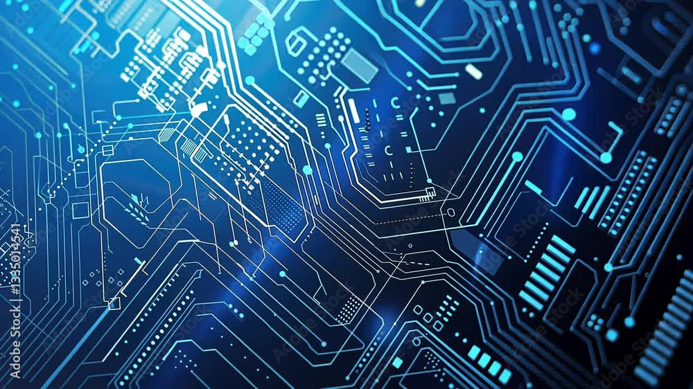 Detailed circuit board, intricate pathways,  glowing blue lines on dark background
