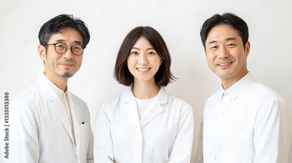 Three smiling medical professionals in white coats Three smiling medical professionals in white coats