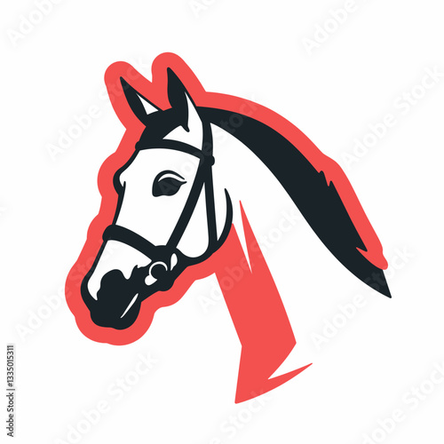 Stylized horse head silhouette in red and black on white background, equestrian art
