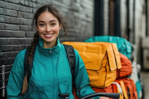 A smiling young woman, wearing a teal jacket and backpack, stands by her bicycle, ready for delivery.