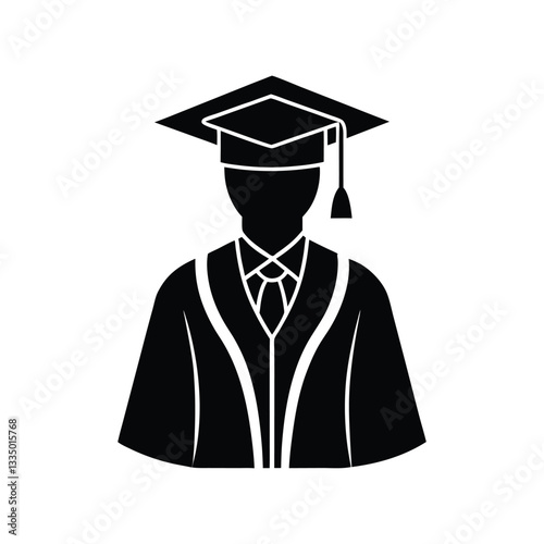 Black and White Graduate Icon with Cap and Gown for Education, Learning, and Graduation