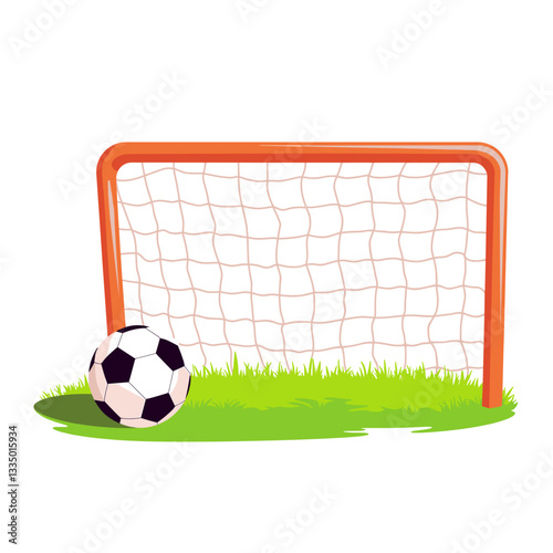 Soccer goal with ball on grass, sports concept