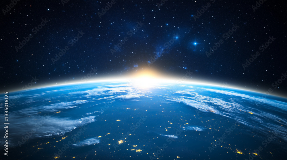 Fototapeta premium Earth seen from space at sunrise over the horizon 