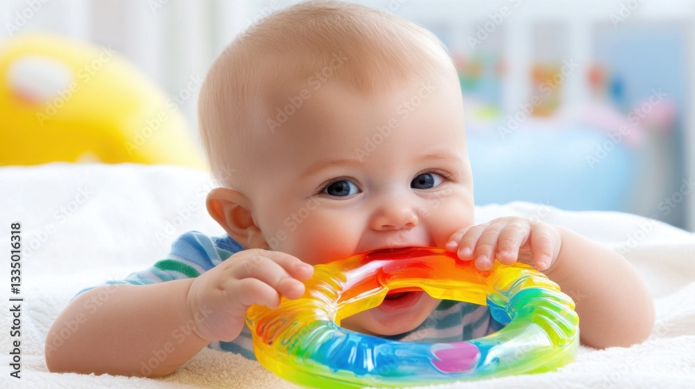 Baby Playing with Colorful Rattle Toy in Bright Room Setting Baby Playing with Colorful Rattle Toy in Bright Room Setting