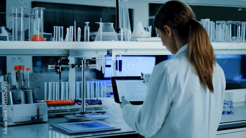 Female scientist wearing a lab coat and gloves analyzing a sample while using a digital tablet in a high-tech laboratory with test tubes and research equipment. Concept of scientific innovation