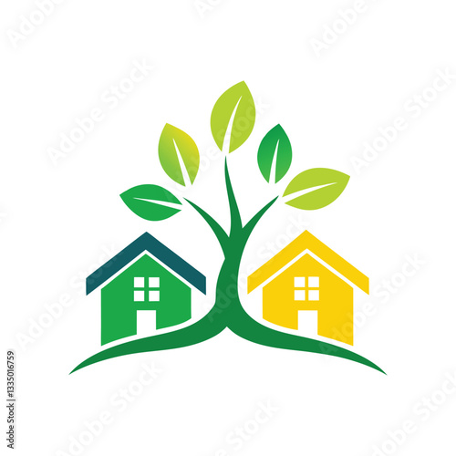 Green Tree and Two Houses Icon for Environmental Sustainability and Eco-Friendly Living