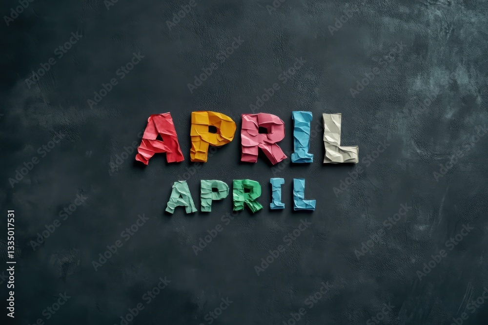 Two instances of the word april displayed with colorful textured letters on a dark background Two instances of the word april displayed with colorful textured letters on a dark background