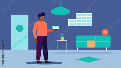 Room Styling Session An interior designer standing in an empty room with an AR interface showing virtual styling elements like wall colors textures and furniture that can be moved