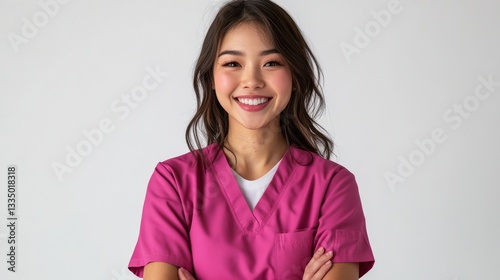 Happy asian young healthcare worker in pink scrubs posing with crossed arms smiling