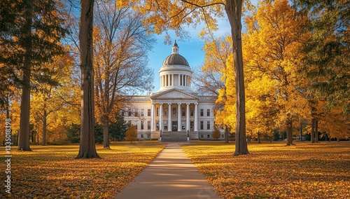 A wide-angle photo of the capital building in Lansing, Michigan,