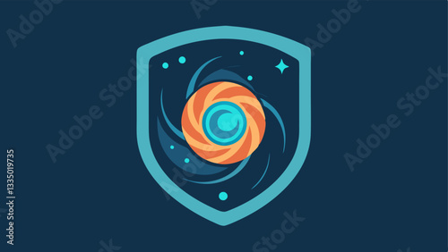 Protective shield symbol Design an emblem showcasing a shield surrounded by swirling nanoparticles symbolizing defense against UV radiation in a clean modern style.