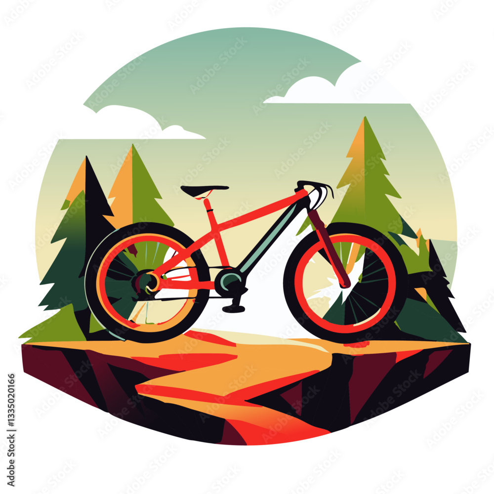 Fototapeta premium Stylized Mountain Bike Illustration on a Scenic Trail with a Retro Adventure Vibe