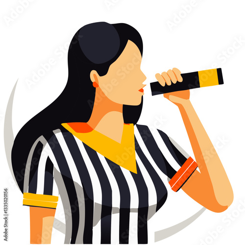 Female Sports Referee Blowing a Whistle in a Bold Stylized Illustration
