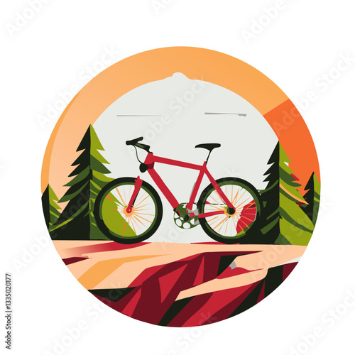Stylized Mountain Bike Illustration on a Scenic Trail with a Retro Adventure Vibe
