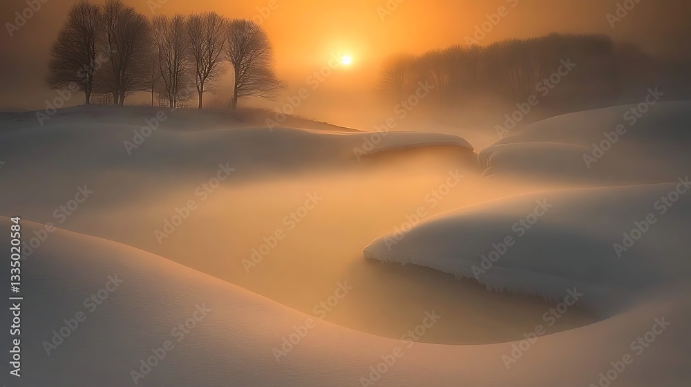 Bare winter trees stand atop snowy hills during sunrise or sunset Bare winter trees stand atop snowy hills during sunrise or sunset